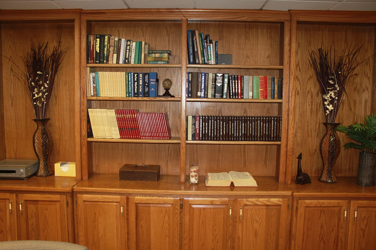 Neatly organised open shelving with baskets and boxes